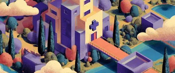 Illustratie van een kliniekgebouw met medisch kruis in een gestileerde stad