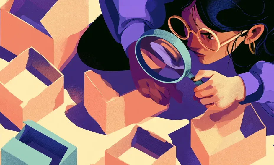Illustratie van een vrouw die met een vergrootglas open dozen bestudeert